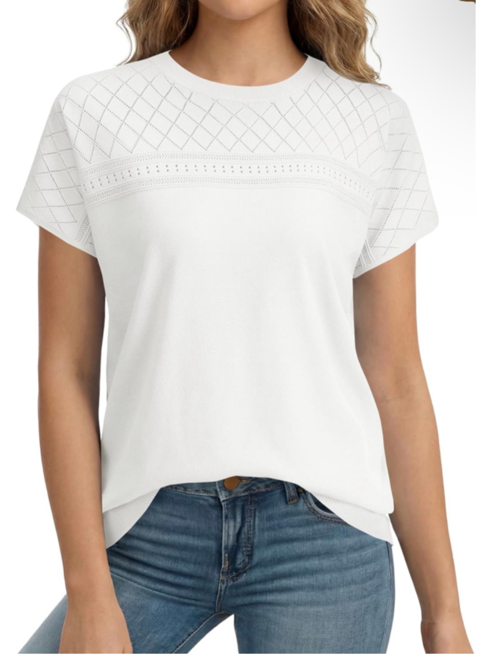 NEW Ribbed Hollow Out Round Neck Short Sleeve Pullover Sweater M